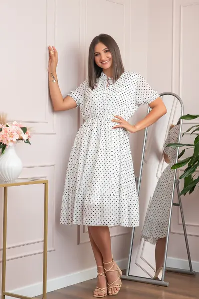 Rochie retro alba Brenda cu buline si maneci bufante