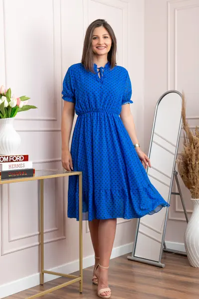Rochie retro albastra Leslie cu buline negre si maneci bufante