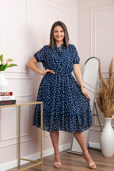 Rochie retro Krista cu buline albe si maneci bufante - Bleumarin