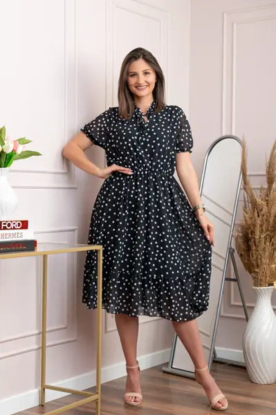 Rochie retro Krista cu buline albe si maneci bufante - Negru