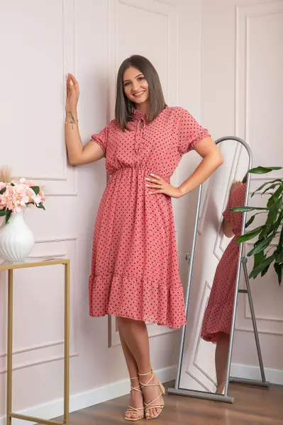 Rochie retro roz somon Brenda cu buline si maneci bufante