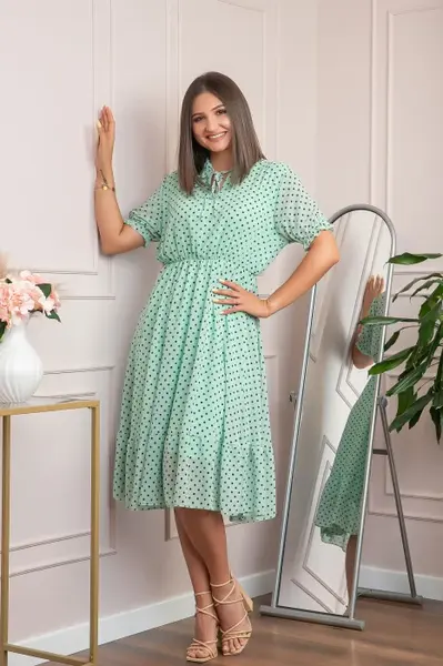 Rochie retro turcoaz Brenda cu buline si maneci bufante