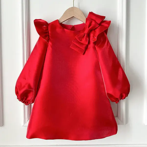 Rochie rosie eleganta pentru fete, din tafta cu maneca lunga - 12 ani - LIVRARE 24H