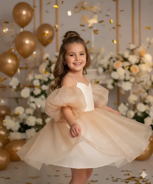 Rochie roz eleganta pentru fete, din tulle cu glitter si maneci bufante - Eloise