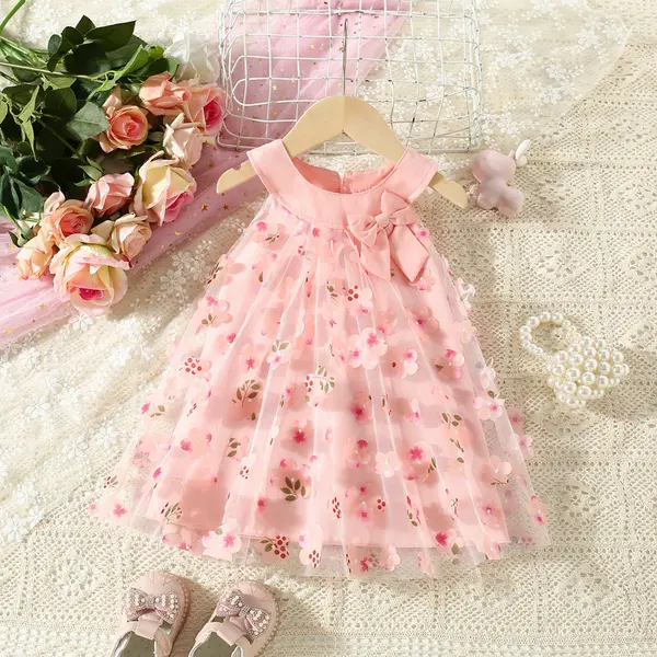 Rochie Roz Fetite cu Floricele Valeria - 3-6 luni
