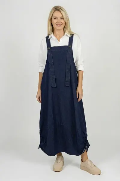 Rochie sarafan lunga cu bretele si snur reglabil, din denim