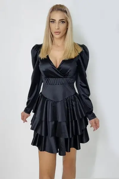 Rochie satinata Claire, cu volane si maneci lungi usor bufante, Negru, Marime S/M