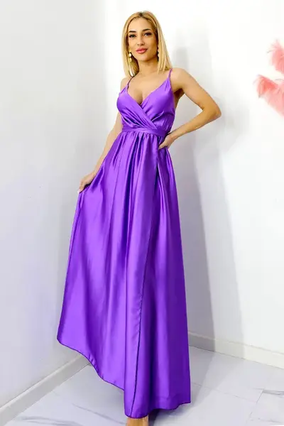 Rochie satinata Jhade, croiala decupata, cordon si bretele subtiri, Mov, Marime S/M