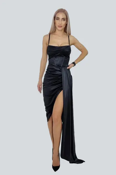 Rochie satinata Valentina, asimetrica, cu fronseuri si bretele subtiri, Negru