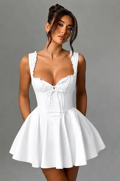 Rochie scurta babydoll SELVIA, cu nasturi si croi corsetat reglabil, ALB, Marime S/M