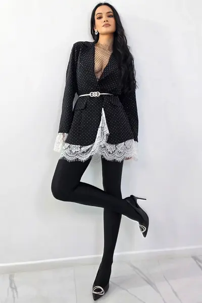 Rochie scurta sacou IMPERYA, garnituri din dantela si cristale, Alb/Negru, Marime S/M