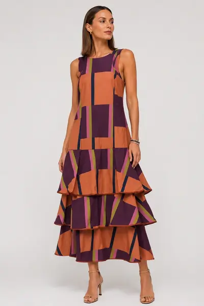 Rochie spectaculoasa midi, din bumbac, cu volane si imprimeu geometric caramiziu bordo