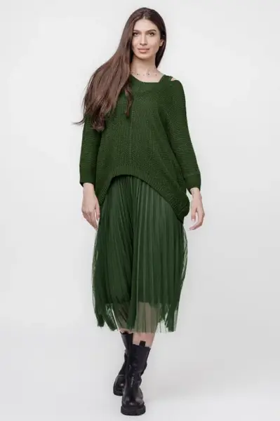 Rochie suprapusa cu puloveras cu maneca lunga si tulle plisat, kaki
