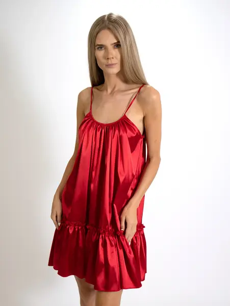 Rochie Sweet cu bretele, cu croi lejere din Satin rosu