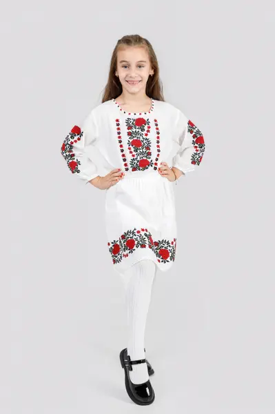 Rochie traditionala alba pentru fetite cu motiv floral rosu Maria
