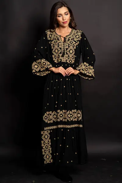 Rochie traditionala neagra Gina lunga cu broderie bej