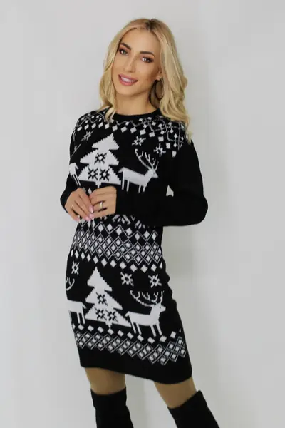 Rochie tricotata cu tematica de Craciun, Snowy tree, Negru, Marime: OneSize S/M
