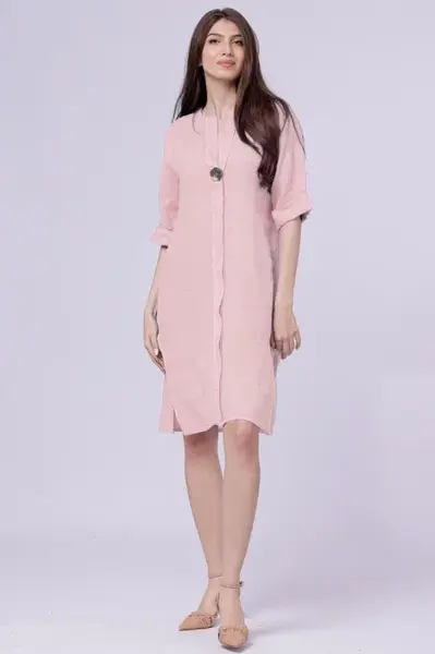Rochie tunica din in roz prafuit, cu nasture metalic decorativ
