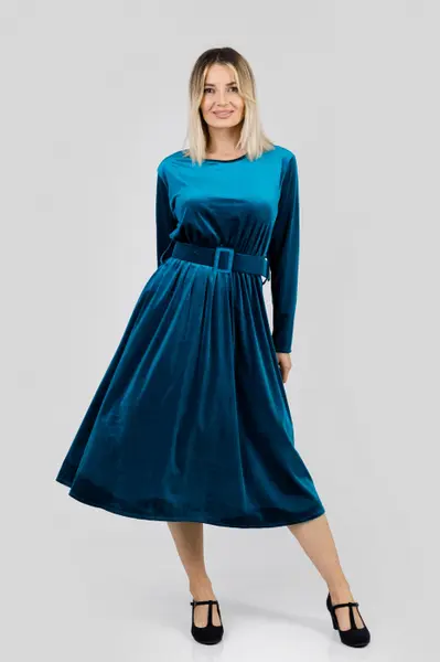 Rochie turcoaz din catifea cu centura in talie