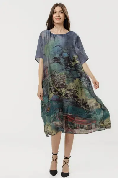 Rochie turcoaz eleganta satinata A-line cu croiala lejera si imprimeu pictural