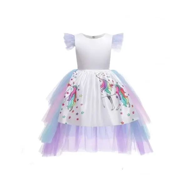 Rochie Unicorn cu trena detasabila, Alb, 7-9 ani, 120-130 cm