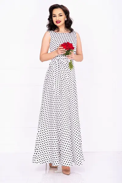 Rochie vaporoasa de zi eleganta Effect alba cu buline negre