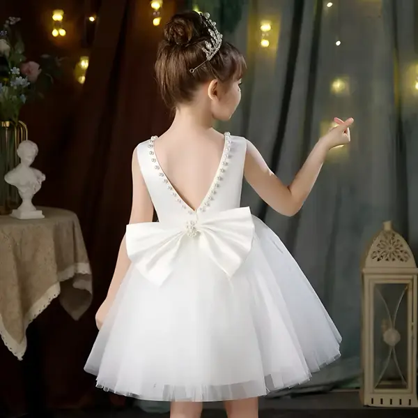 Rochie verde eleganta pentru fete, cu fundita si perle - Luna