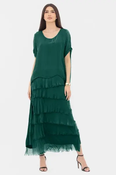 Rochie verde inchis din matase si vascoza cu volane franjurate suprapuse