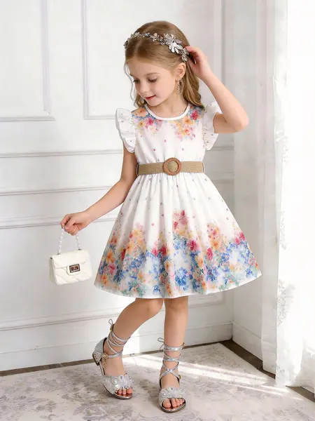Rochiță Elegantă Fetițe Florală cu Curea Patricia - 7-8 ani