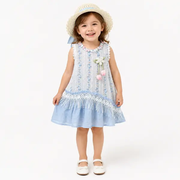 Rochiță Fetițe Albastru Broderie Florală Miriam - 3-4 ani