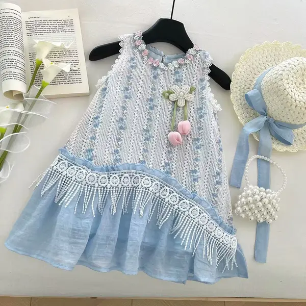 Rochiță Fetițe Albastru Broderie Florală Miriam - 5-6 ani
