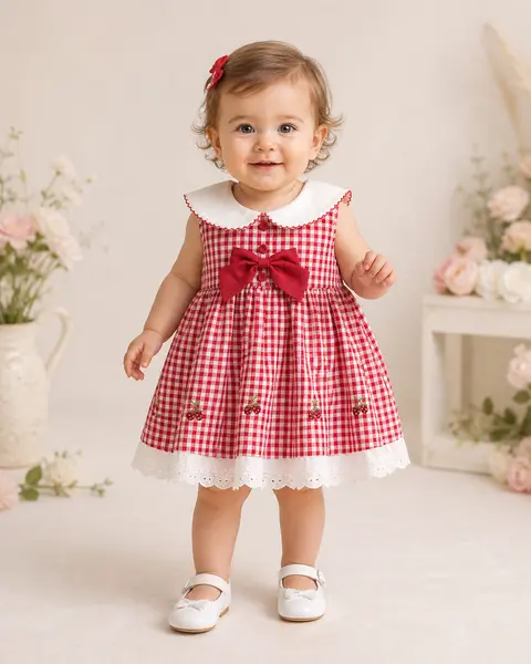 Rochiță Fetițe Carouri Roșu cu Alb Broderie Cireșe Isabella - 12-18 luni