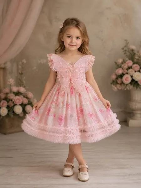 Rochiță Prințesă Fetițe Roz cu Imprimeu Floral Andia - 2-3 ani
