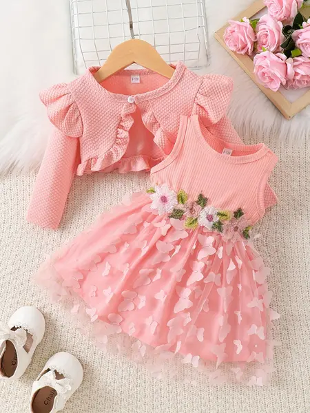 Rochiță și Bolero Roz Tulle și Aplicații Florale Noelia - 9-12 luni
