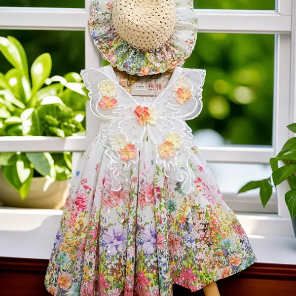 Rochiță și Pălărie Fetițe Imprimeu Floral și Fluture Alexia - 18-24 luni
