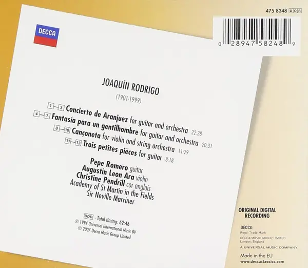 Rodrigo: Concerto De Aranjuez; Fantasia Para Un Gentilhombre | Pepe Romero, The Academy Of St. Martin-in-the-Fields, Neville Marriner