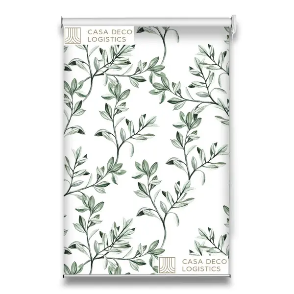 Roletă textilă Floral 8004 alb cu frunze verzi