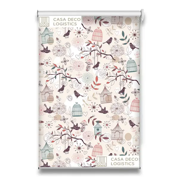 Roletă textilă Floral 8005 crem cu păsări și colivii decorative