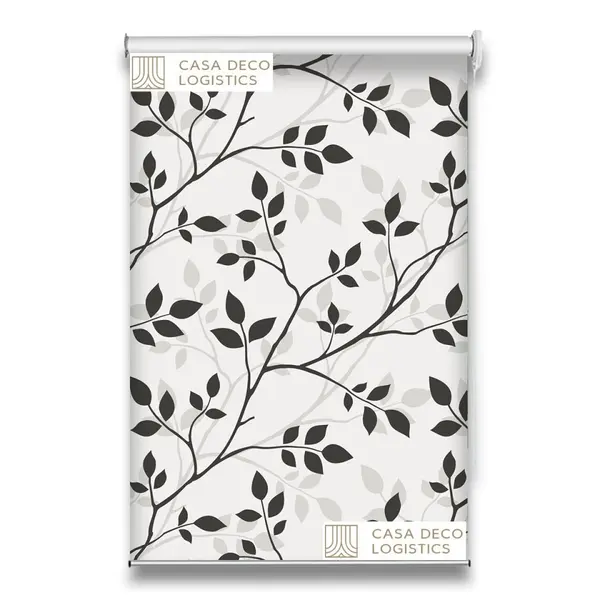 Roletă textilă Floral 8011 albă cu model ramuri și frunze gri-negru