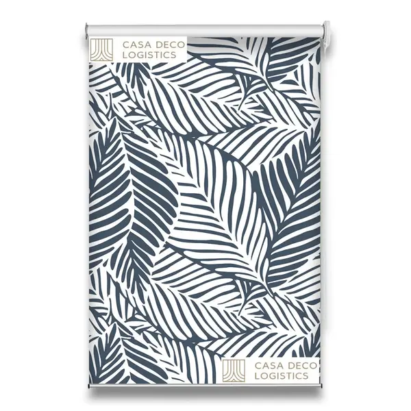 Roletă textilă Floral 8015 albă cu frunze tropicale gri