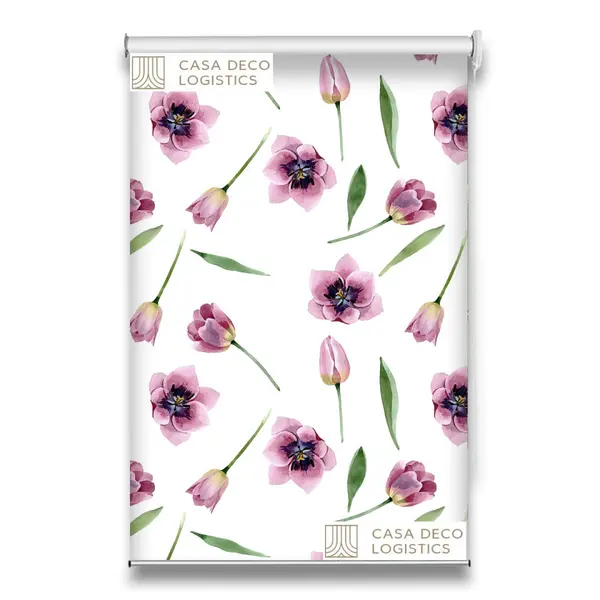 Roletă textilă Floral 8017 albă cu flori roz și lalele