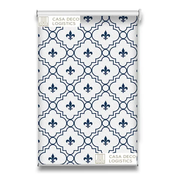 Roletă textilă Royal 5006 alb-albastru cu model fleur-de-lis
