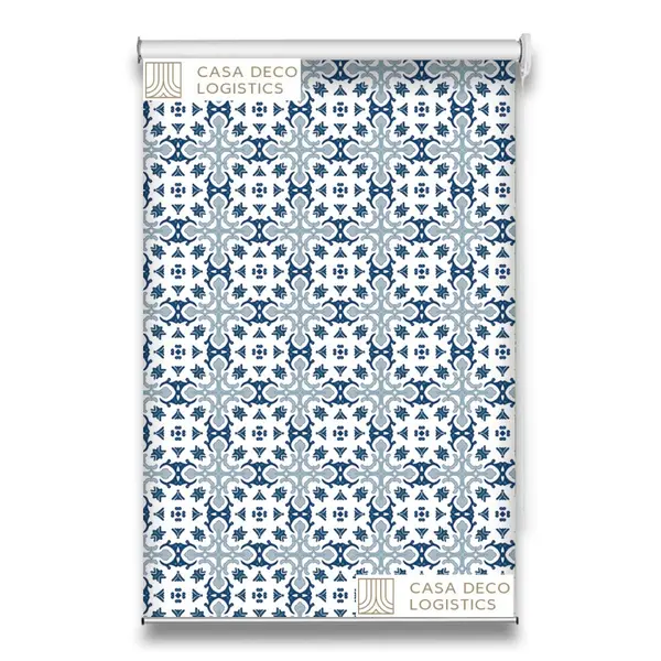 Roletă textilă Royal 5012 alb cu model ornamental albastru