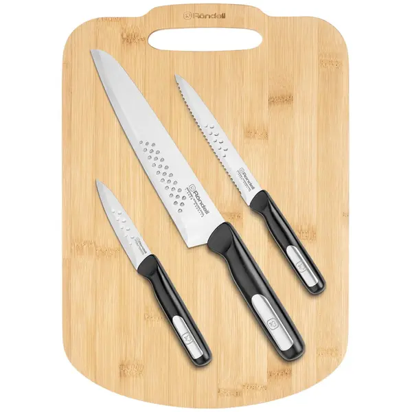 Rondell Set de 3 cutite si placa de bambus de taiere RONDELL RD-1569, Lame de cutit cu efect anti-lipire