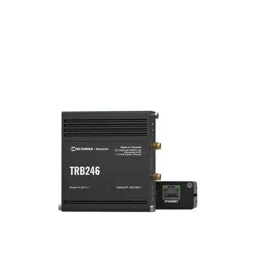 Router industrial IoT Teltonika TRB246, LTE Cat 4, 1x RJ45 100Mb/s, carcasă IP30, instalare compacta, ideal pentru aplicatii IoT si retele profesionale cu conectivitate mobila stabila