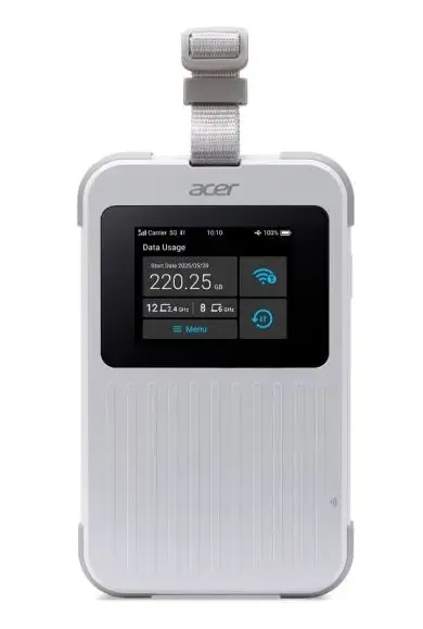 Router Portabil Wireless Acer Connect M6E 5G, IP68, MIL-STD-810H, Mobile Wi-Fi 6E, 5G NR & LTE Dual Connectivity, 2x2 MIMO, LCD Touchscreen, Baterie 8000mAh, USB-C 3.0 (Alb)