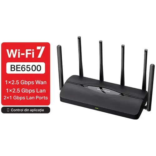 Router Wireless Mercusys MR37BE, BE6500, Wi-Fi 7, MLO, 2 porturi 2.5Gbps, 2 porturi Gigabit, compatibil EasyMesh