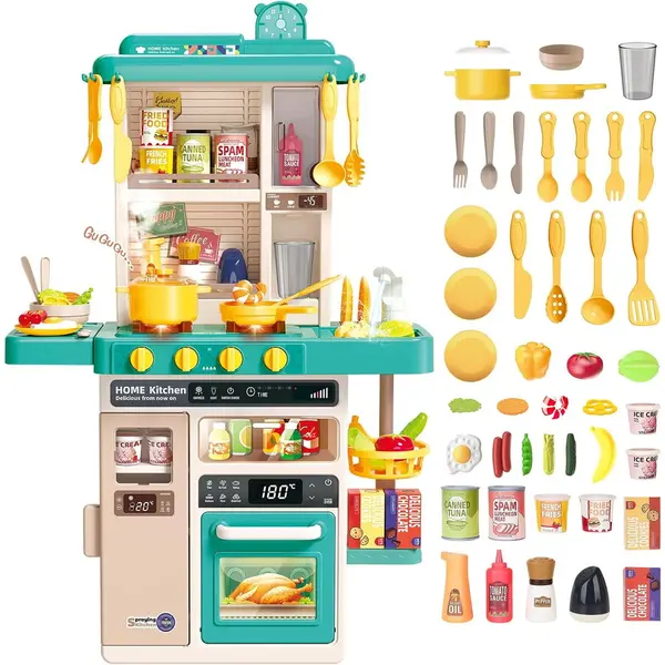 Rovo Jucarie Bucatarie copii, Rovo 277, aragaz de jucarie, chiuveta cu circuit de apa, aragaz aburi, sunete, lumini, frigider, cuptor, multiple accesorii, 50 de piese