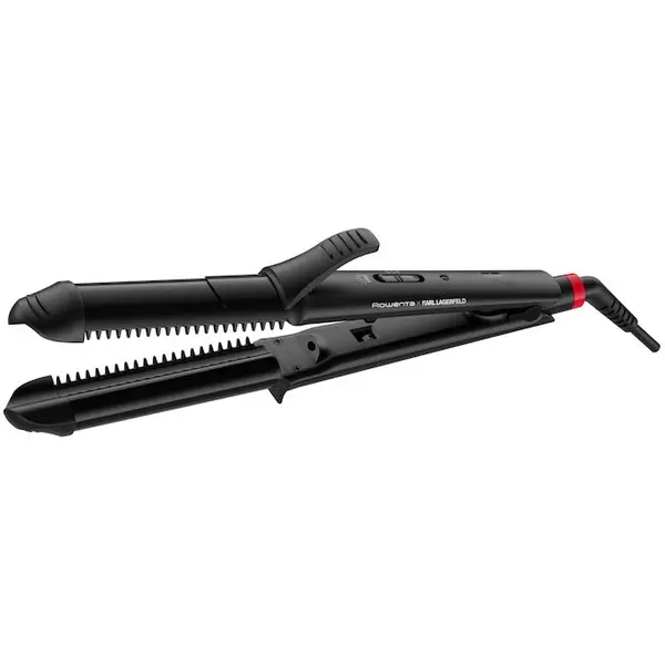 Rowenta Aparat de coafat multifunctional 3 in 1 Rowenta x Karl Lagerfeld Fashion Stylist CF451LF0, 66W, invelis ceramic, temperatura reglabila 170-200 °C, varf rece, generator de ioni, incalzire rapida in 45s, negru & rosu