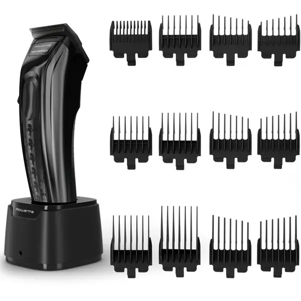 Rowenta Aparat de tuns Rowenta x Karl Lagerfeld Barber Experience TN155LE0, 6500 rpm, autonomie 150 min, 6 piepteni ficsi 3-6 -9-12-18-25 mm, 6 piepteni fade stanga - dreapta, setare precizie 0.3mm, lame inox, indicator LED, baza de incarcare, negru & gr